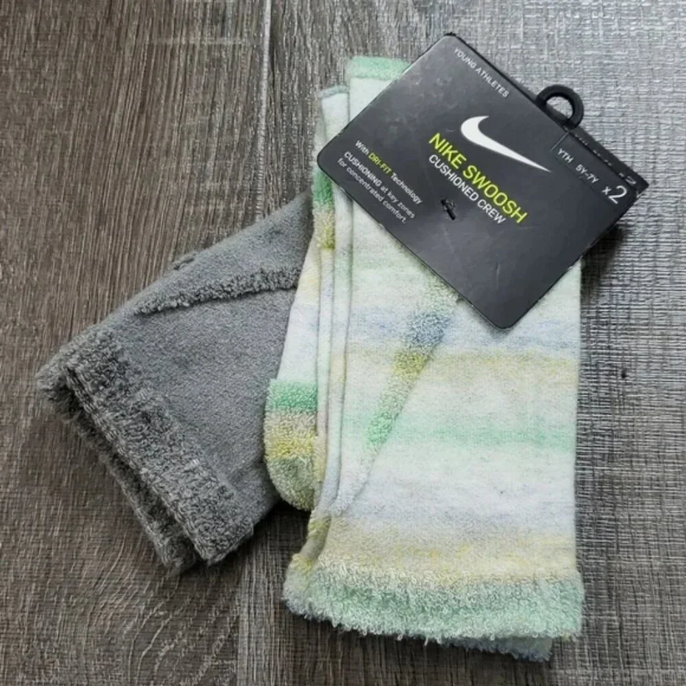 2 pair Nike BIG KIDS Swoosh Cushion Crew Socks